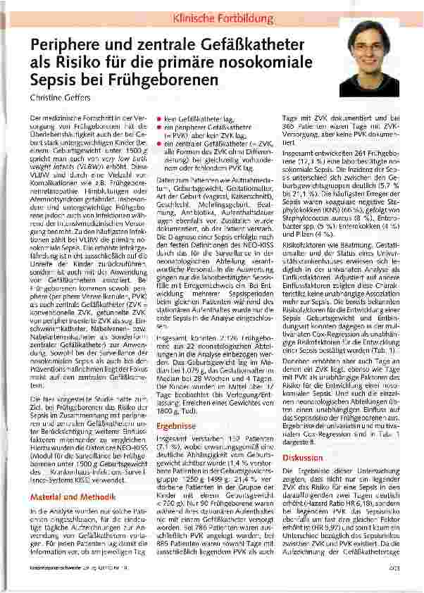 Vorschauseite 1: Periphere und zentrale Gefäßkatheter als Risiko für die primäre nosokomiale Sepsis bei Frühgeborenen