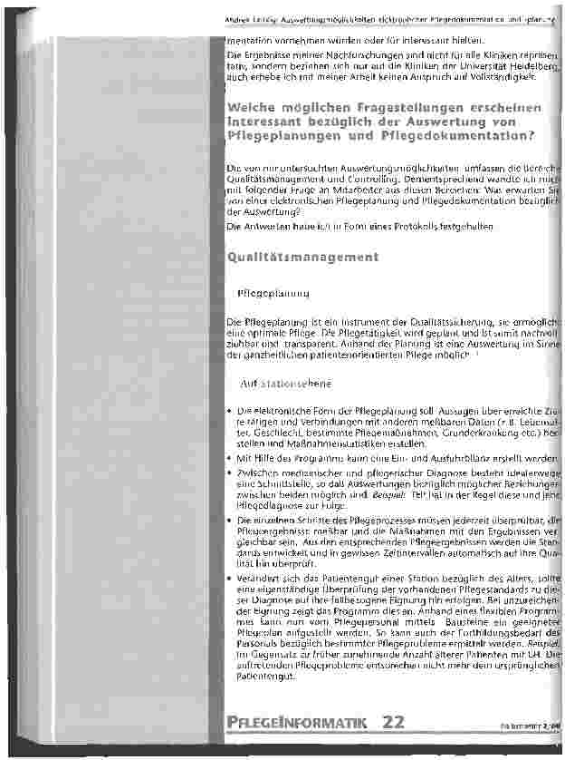 Vorschauseite 2: Auswertungsmöglichkeiten elektronischer Pflegedokumentation und -planung Projektarbeit im Rahmen des Modul II der Weiterbildung zur Leitung einer Station oder Einheit