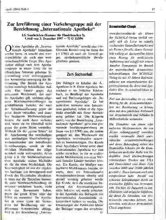 Vorschauseite 1: Zur Irreführung einer Verkehrsgruppe mit der Bezeichnung Internationale Apotheke