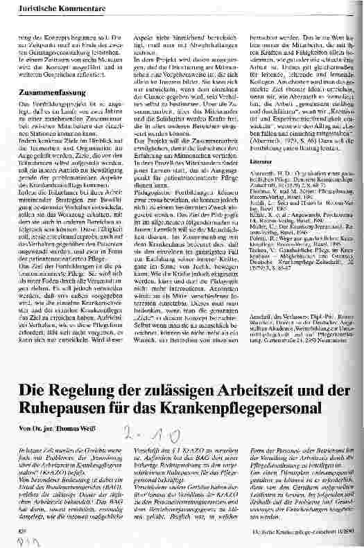 Vorschauseite 1: Die Regelung der zulässigen Arbeitszeit und der Ruhepausen für das Krankenpflegepersonal