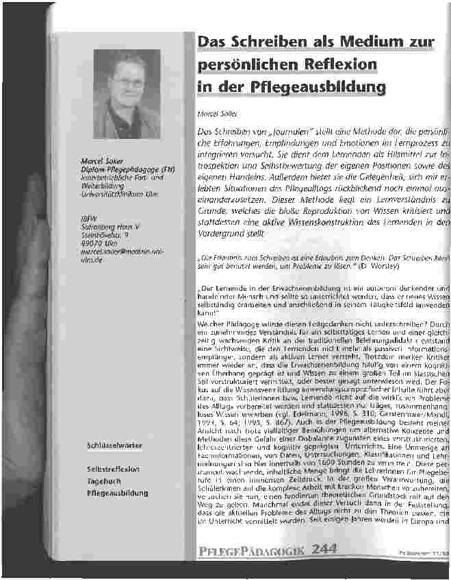 Vorschauseite 1: Das Schreiben als Medium zur persönlichen Reflexion in der Pflegeausbildung