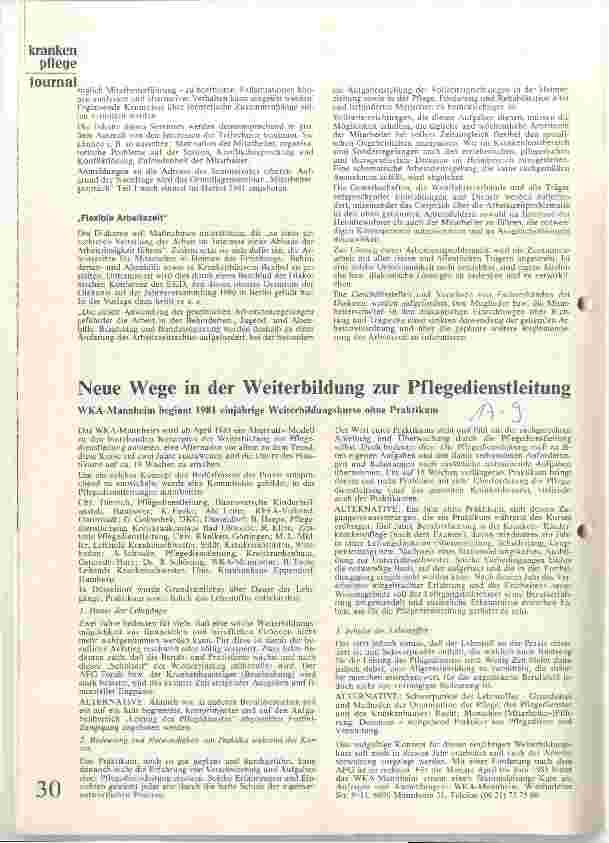 Vorschauseite 1: Neue Wege in der Weiterbildung zur Pflegedienstleitung WKA-Mannheim beginnt 1981 einjährige Weiterbildungskurse oh. Praktikum
