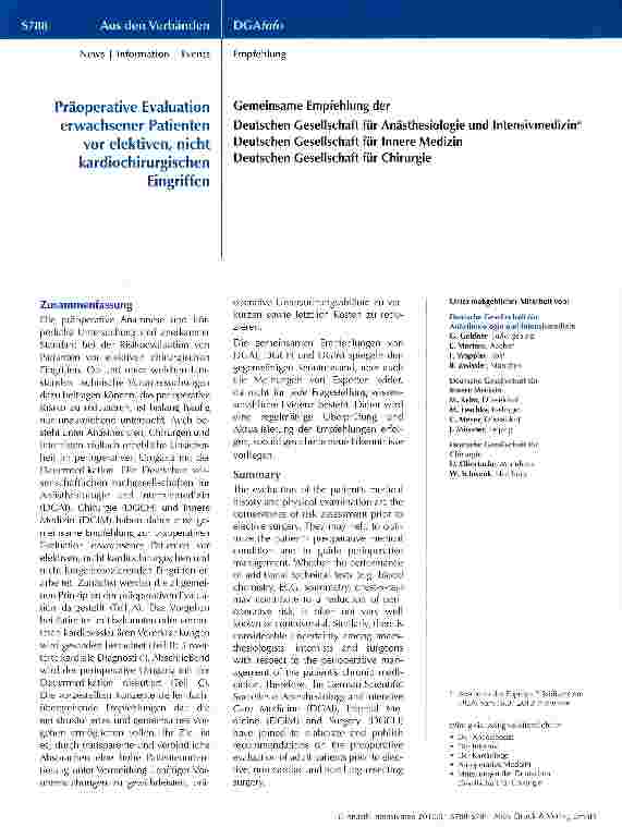 Vorschauseite 1: Präoperative Evaluation erwachsener Patienten vor elektiven, nicht kardiochirurgischenEingriffen
