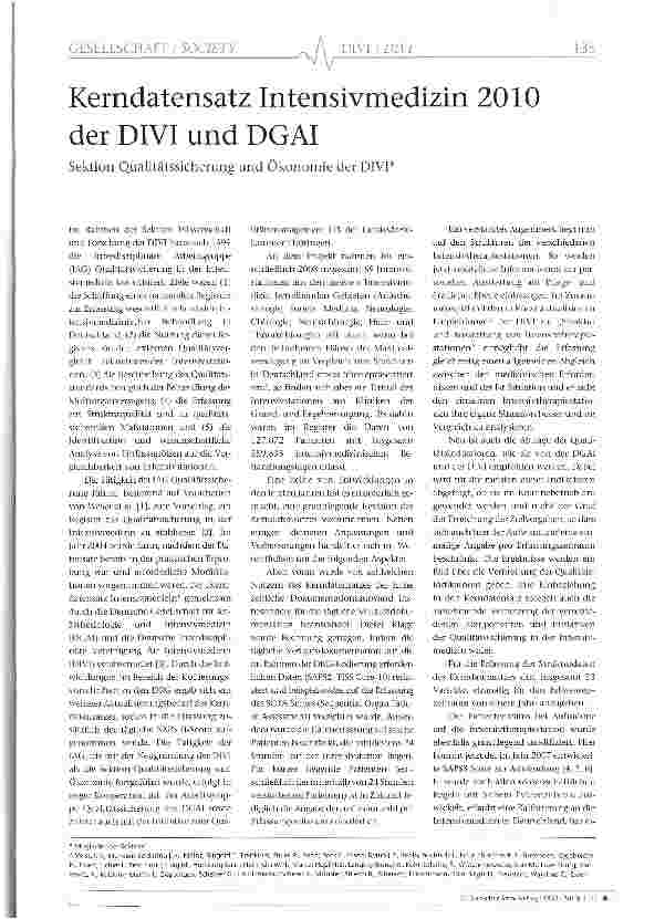 Vorschauseite 1: Kerndatensatz Intensivmedizin 2010 der DIVI und DGAI