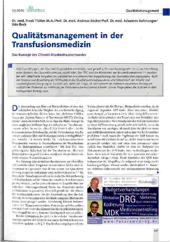 Vorschauseite 1: Qualitätsmanagement in der Transfusionsmedizin