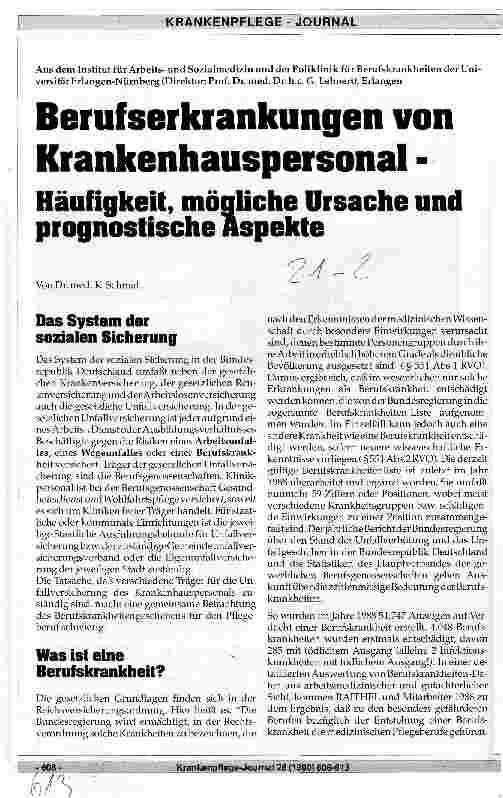Vorschauseite 1: Berufserkrankungen von Krankenhauspersonal - Häufigkeit, mögliche Ursache und prognostische Aspekte