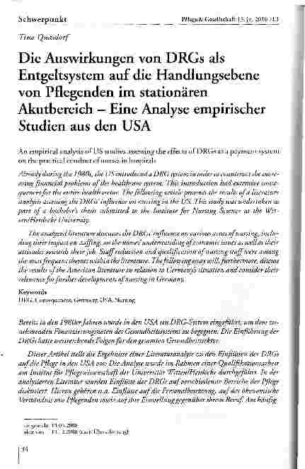 Vorschauseite 1: Die Auswirkungen von DRGs als Entgeltsystem auf die Handlungsebene von Pflegenden im stationären Akutbereich - Eine Analyse empirischer Studien aus den USA