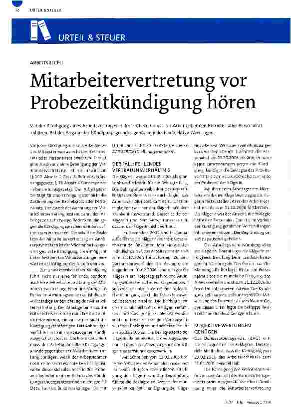 Vorschauseite 1: ARBEITSRECHTMitarbeitervertretung vor Probezeitkündigung hören