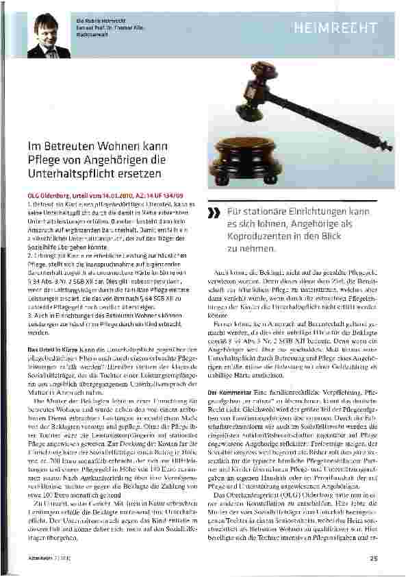 Vorschauseite 1: Im Betreuten Wohnen kann Pflege von Angehörigen die Unterhaltspflicht ersetzen