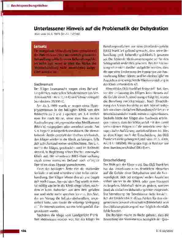 Vorschauseite 1: Unterlassener Hinweis auf die Problematik der Dehydration