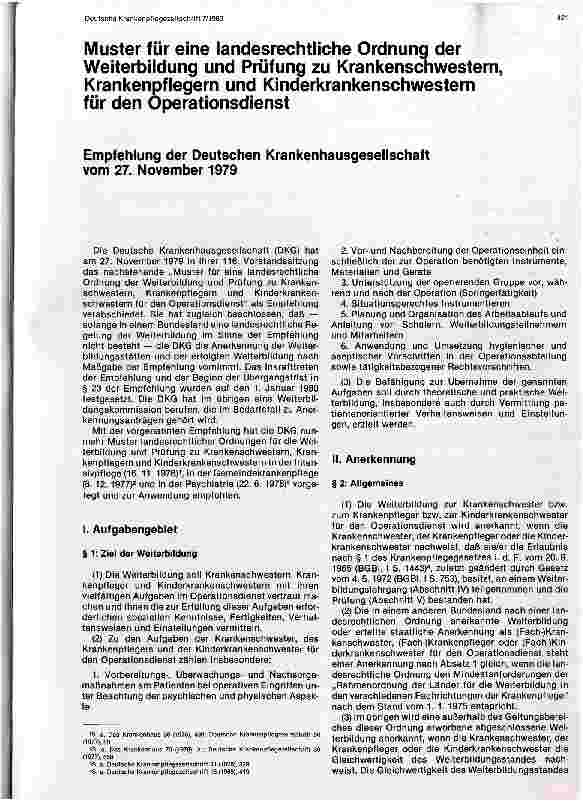 Vorschauseite 1: Muster für eine landesrechtliche Ordnung der Weiterbildung und Prüfung für Krankenpflegepersonal im Operationsdienst vom 27.11.1979