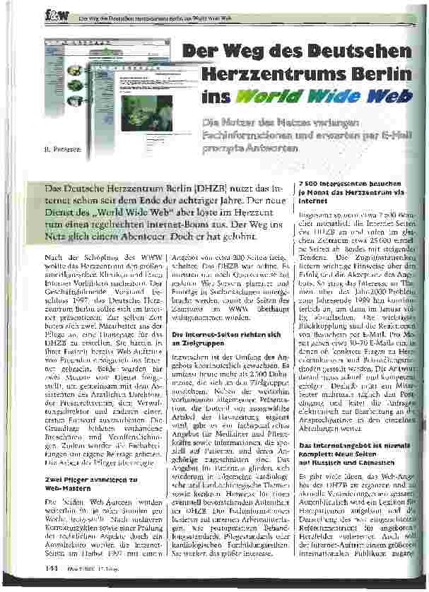 Vorschauseite 1: Der Weg des Deutschen Herzzentrums Berlin ins World Wide Web Die Nutzer des Netzes verlangen Fachinformationen und erwarten prompte Antworten