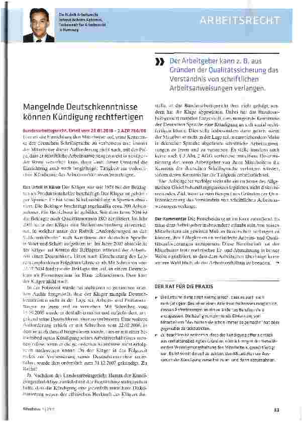 Vorschauseite 1: Mangelnde Deutschkenntnisse können Kündigung rechtfertigen