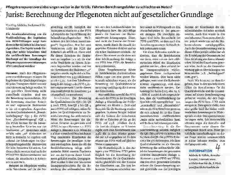Vorschauseite 1: Jurist: Berechnung der Pflegenoten nicht auf gesetzlicher Grundlage