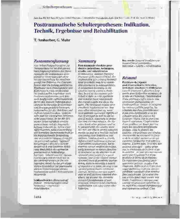 Vorschauseite 1: Posttraumatische Schulterprothesen: Indikation, Technik, Ergebnisse und Rehabilitation