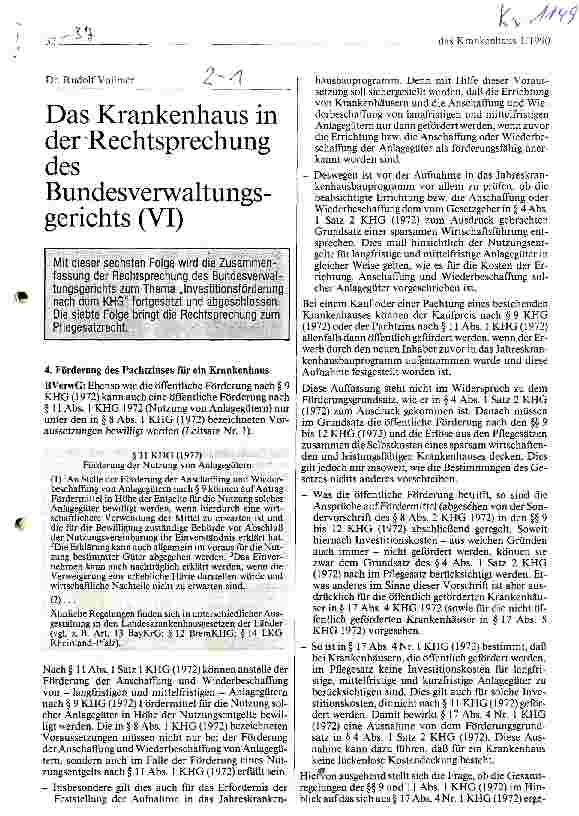 Vorschauseite 1: Das Krankenhaus in der Rechtssprechung des Bundesverwaltungsgerichts (VI)