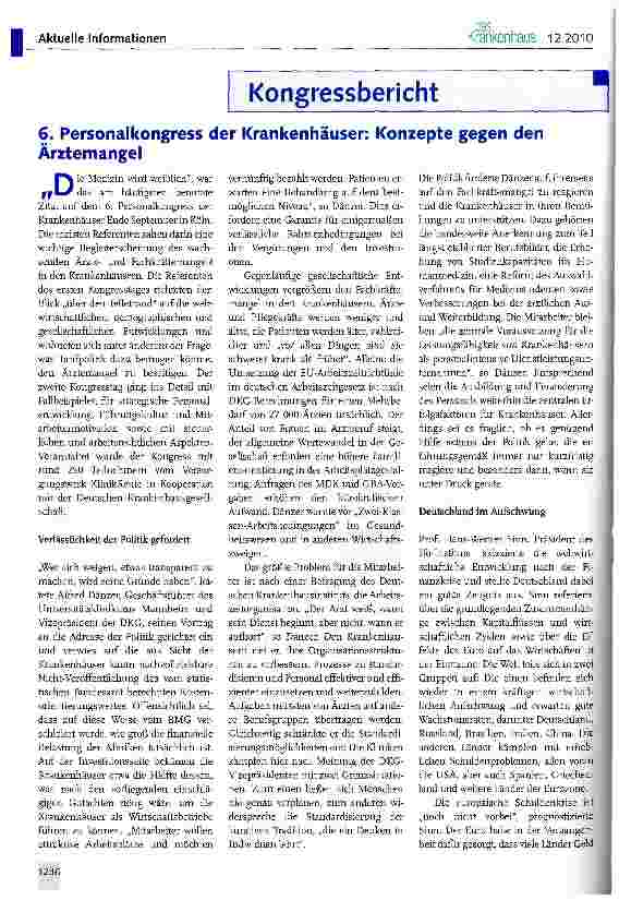Vorschauseite 1: 6. Personalkongress der Krankenhäuser: Konzepte gegen den Ärztemangel