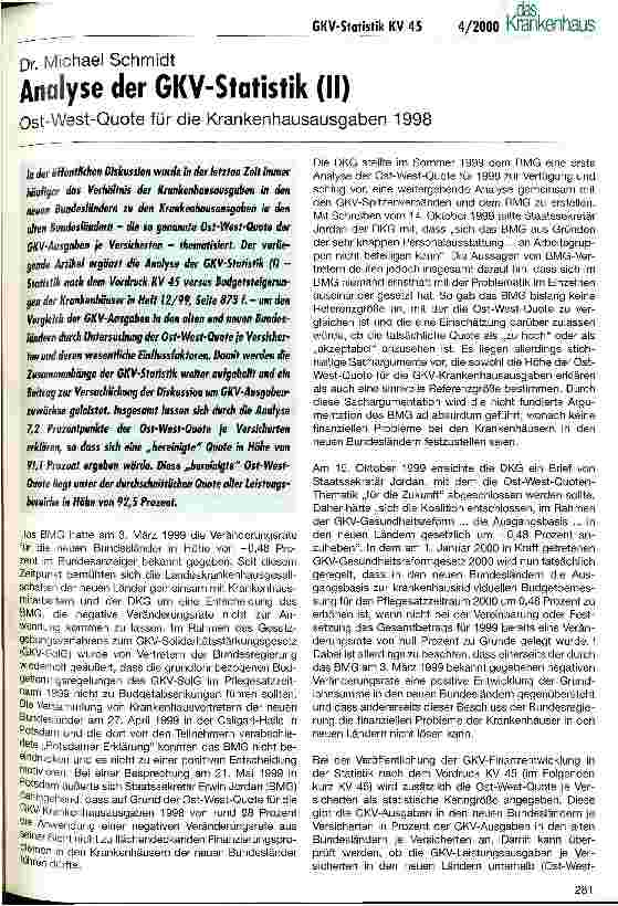 Vorschauseite 1: Analyse der GKV-Statistik (II) Ost-West-Quote für die Krankenhausausgaben 1998