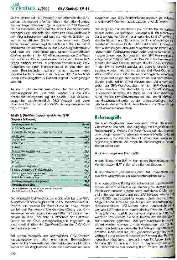 Vorschauseite 2: Analyse der GKV-Statistik (II) Ost-West-Quote für die Krankenhausausgaben 1998