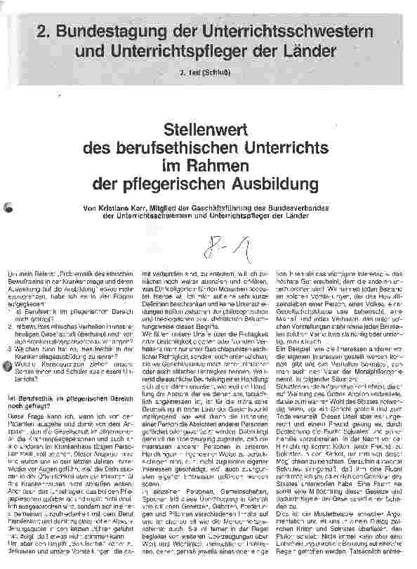 Vorschauseite 1: Stellenwert des berufsethischen Unterrichts im Rahmen der pflegerischen Ausbildung - 2. Bundestagung der Unterrichtsschwestern.