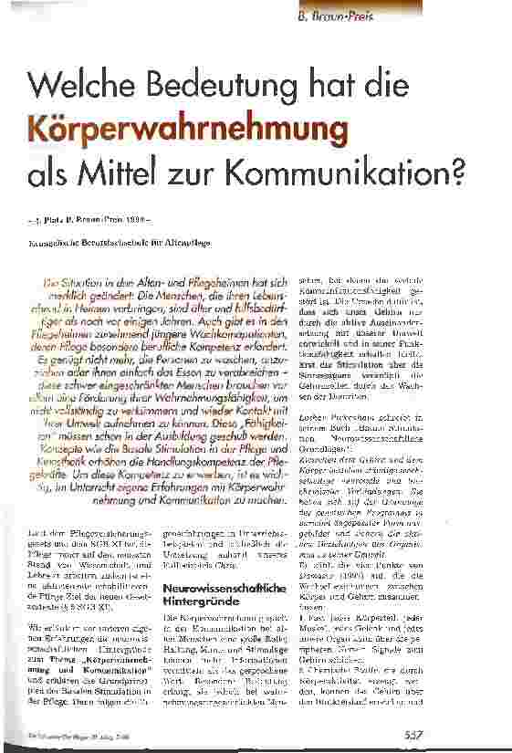 Vorschauseite 1: Welche Bedeutung hat die Körperwahrnehmung als Mittel zur Kommunikation? 4. Preis B. Braun-Preis 1999