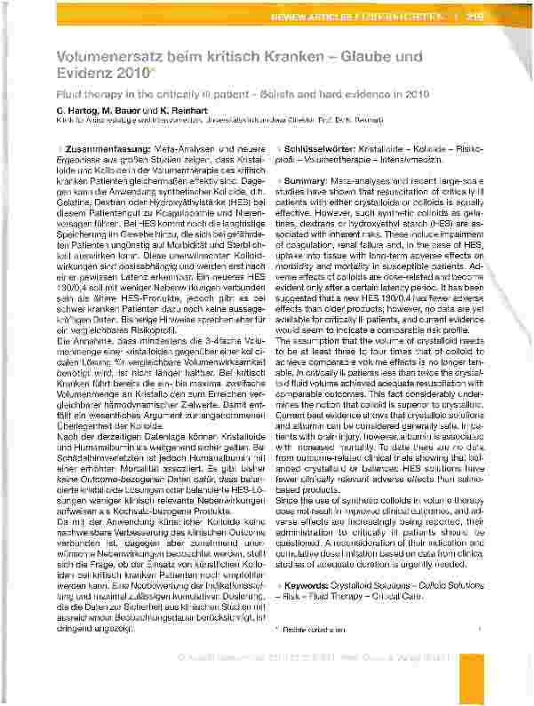 Vorschauseite 1: Volumenersatz beim kritisch Kranken - Glaube und Evidence 2010