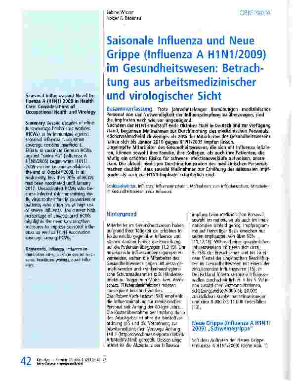 Vorschauseite 1: Saisonale Influenza und Neue Grippe (Influenza A H1N1/2009) im Gesundheitswesen: Betrachtung aus arbeitsmedizinischer und virologischer Sicht
