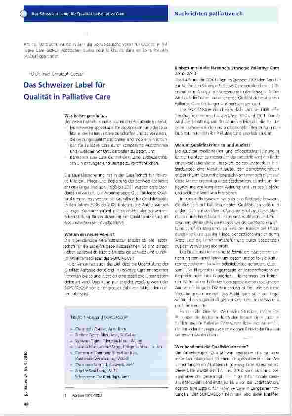 Vorschauseite 1: Das Schweizer Label für Qualität in Palliative Care