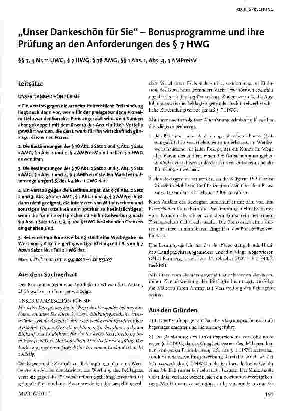 Vorschauseite 1: „Unser Dankeschön für Sie - Bonusprogramme und ihre Prüfung an den Anforderungen des § 7 HWG§§ 3, 4 Nr. 11 UWG; § 7 HWG; § 78 AAAG; §§ 1 Abs. 1, Abs. 4, 3 AMPreisV