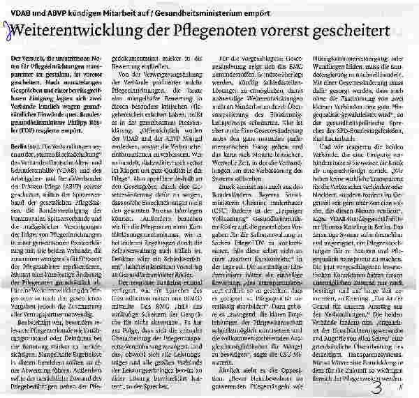 Vorschauseite 1: VOAB und ABVP kündigen Mitarbeit auf/ Gesundheitsministerium empörtWeiterentwicklung der Pflegenoten vorerst gescheitert