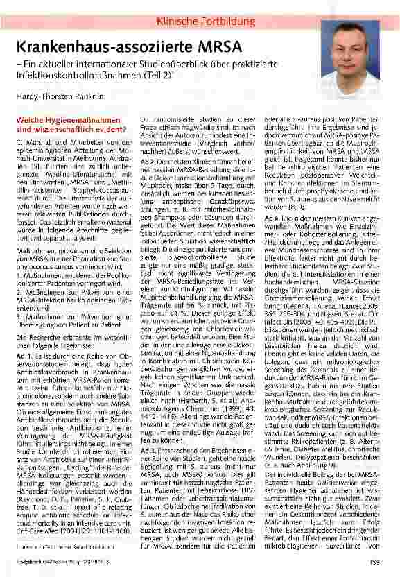 Vorschauseite 1: Krankenhaus-assoziierte MRSA - Ein aktueller internationaler Studienüberblick über praktizierte Infektionskontrollmaßnahmen (Teil 2)*