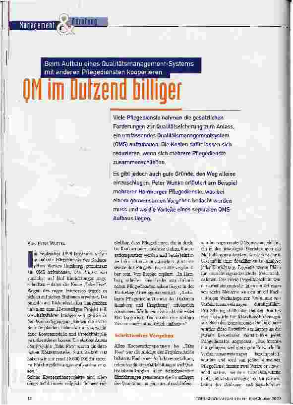 Vorschauseite 1: QM im Dutzend billiger Beim Aufbau eines Qualitätsmanagement-Systems mit anderen Pflegediensten kooperieren
