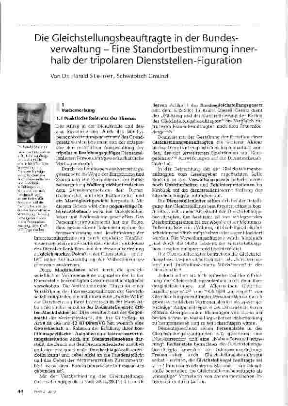 Vorschauseite 1: Die Gleichstellungsbeauftragte in der Bundesverwaltung - Eine Standortbestimmung innerhalb der tripolaren Dienststellen-Figuration