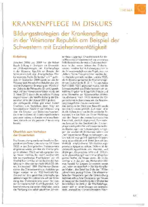 Vorschauseite 1: Bildungsstrategien der Krankenpflege in der Weimarer Republik am Beispiel der Schwestern mit Erzieherinnentätigkeit