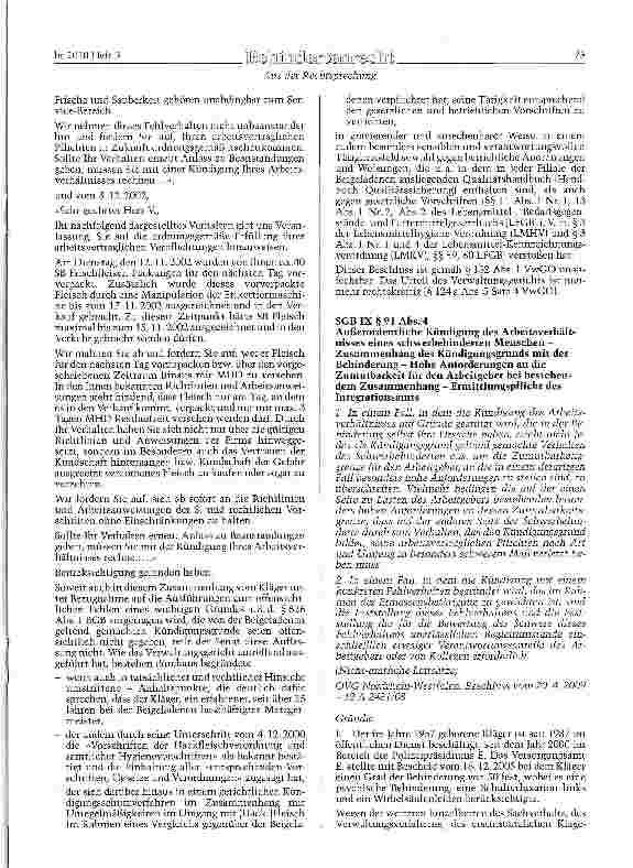 Vorschauseite 1: SGBIX§91 Abs. 4 Außerordentliche Kündigung des Arbeitsverhältnisses eines schwerbehinderten Menschen -Zusammenhang des Kündigungsgrunds mit der Behinderung - Hohe Anforderungen an…