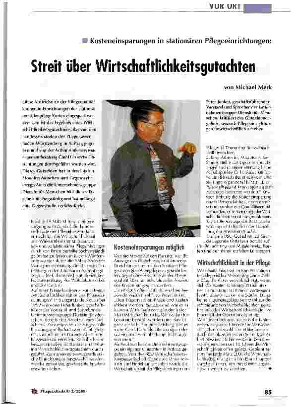Vorschauseite 1: Streit über Wirtschaftlichkeitsgutachten Kosteneinsparungen in stationären Pflegeeinrichtungen