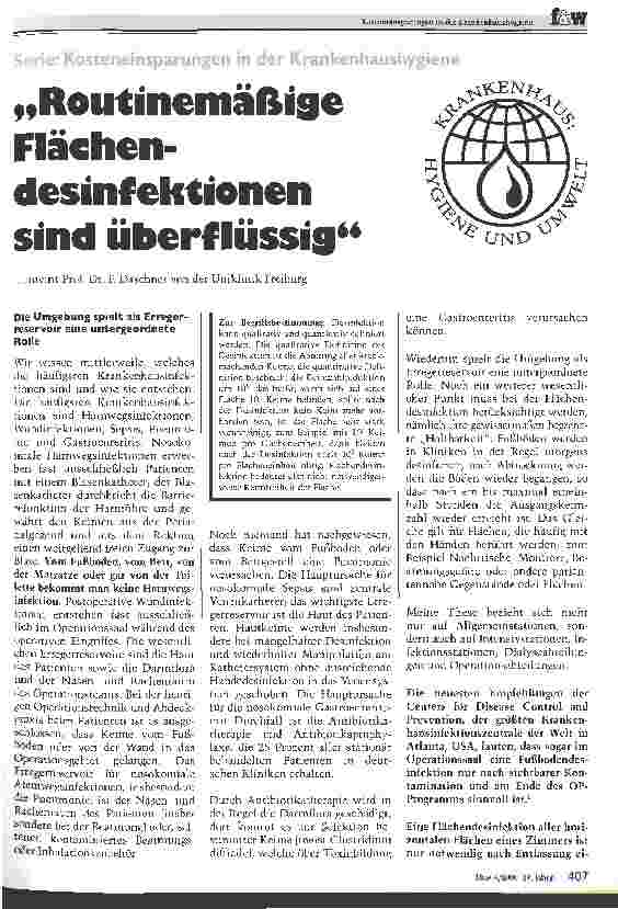 Vorschauseite 1: Routinemäßige Flächendisinfektionen sind überflüssig Serie: Kosteneinsparungen in der Krankenhaushygiene