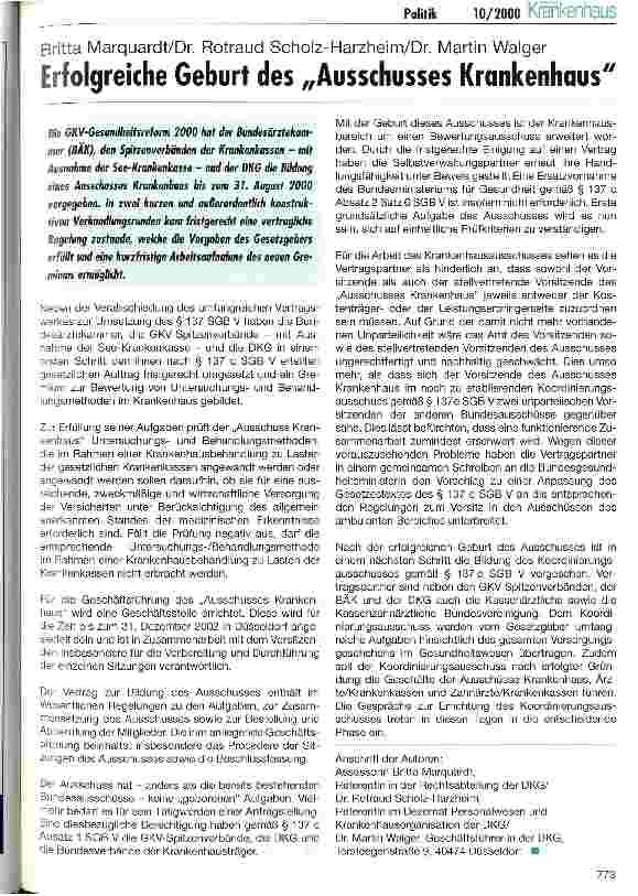 Vorschauseite 1: Erfolgreiche Geburt des Ausschusses Krankenhaus