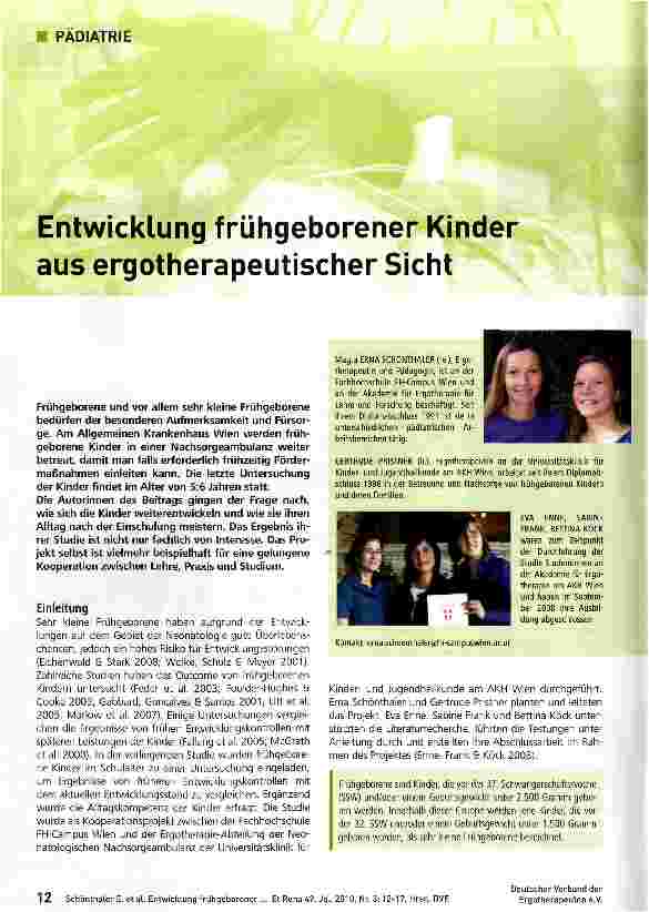 Vorschauseite 1: Entwicklung frühgeborener Kinder aus ergotherapeutischer Sicht