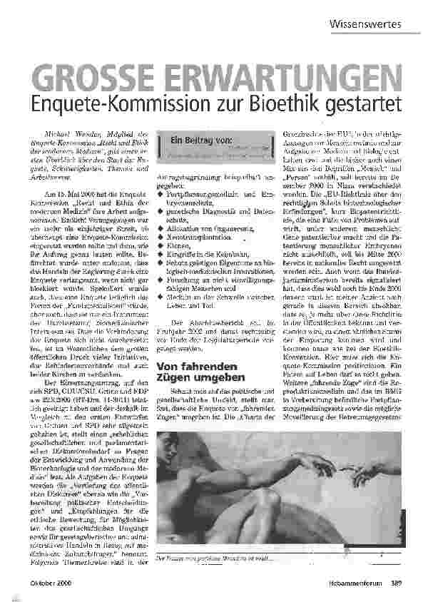 Vorschauseite 1: GROSSE ERWARTUNGEN Enquete-Kommission zur Bioethik gestartet