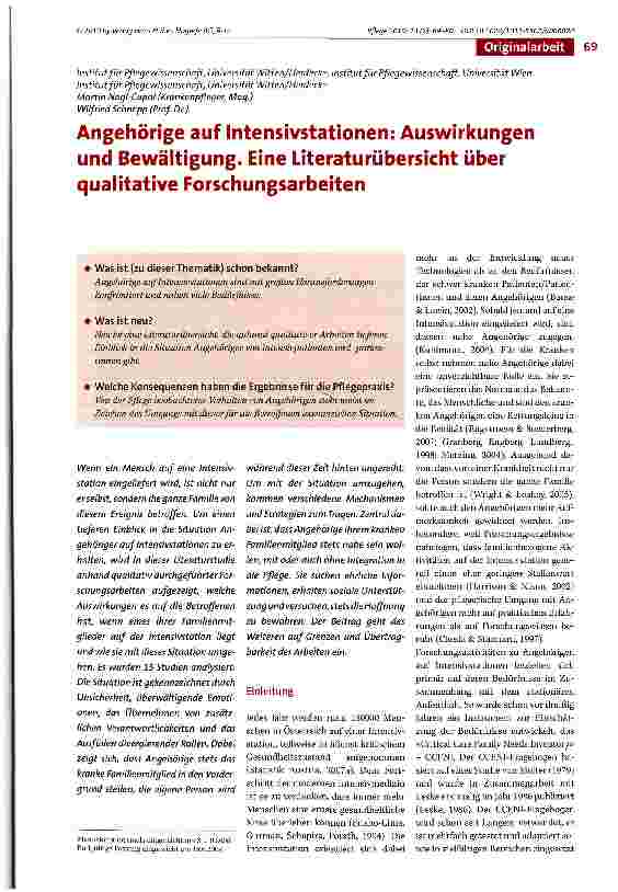 Vorschauseite 1: Angehörige auf Intensivstationen: Auswirkungen und Bewältigung. Eine Literaturübersicht über qualitative Forschungsarbeiten