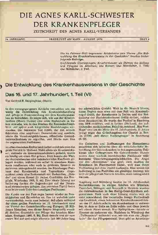 Vorschauseite 1: Die Entwicklung des Krankenhauswesens in der Geschichte Das 16. und 17. Jahrhundert, 1. Teil (VI)