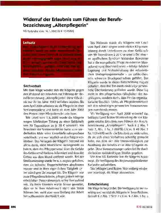 Vorschauseite 1: Widerruf der Erlaubnis zum Führen der Berufsbezeichnung „Altenpflegerin