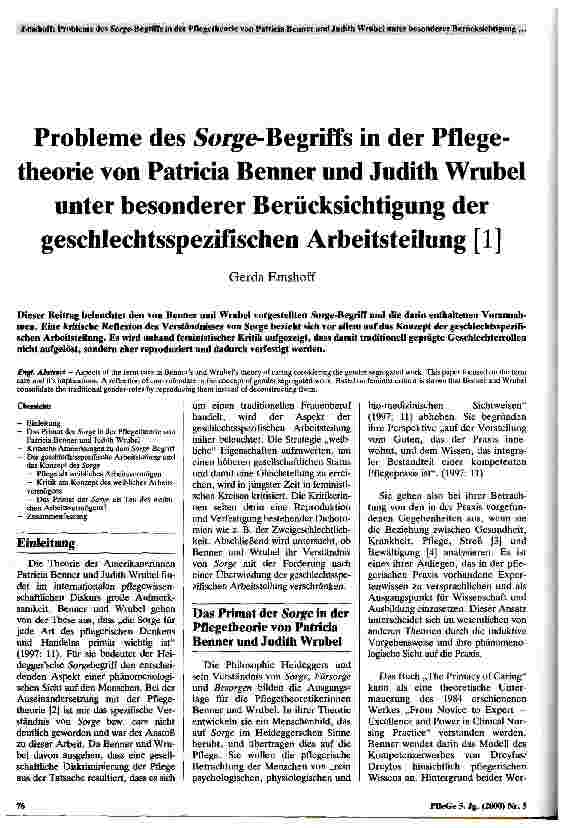 Vorschauseite 1: Probleme des Sorge-Begriffs in der Pflegetheorie von Patricia Benner und Judith Wrubel