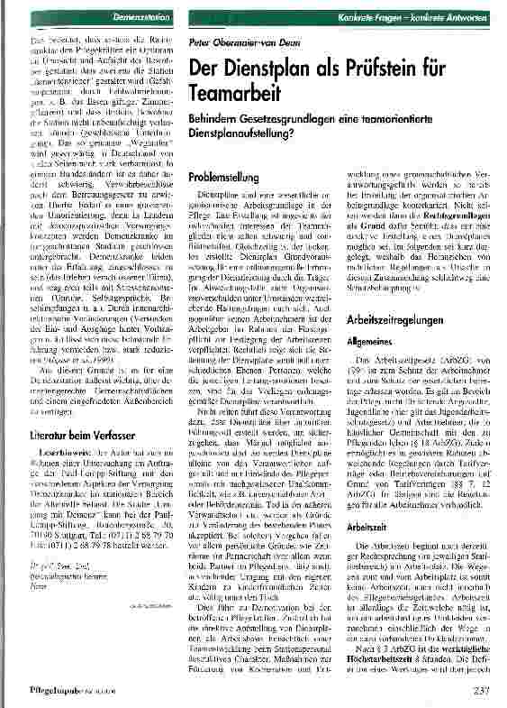Vorschauseite 1: Der Dienstplan als Prüfstein für Teamarbeit Behindern Gesetzesgrundlagen eine teamorientierte Dienstplanaufstellung?