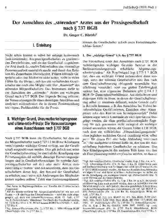 Vorschauseite 1: Der Ausschluss des „störenden Arztes aus der Praxisgesellschaft nach § 737 BGB