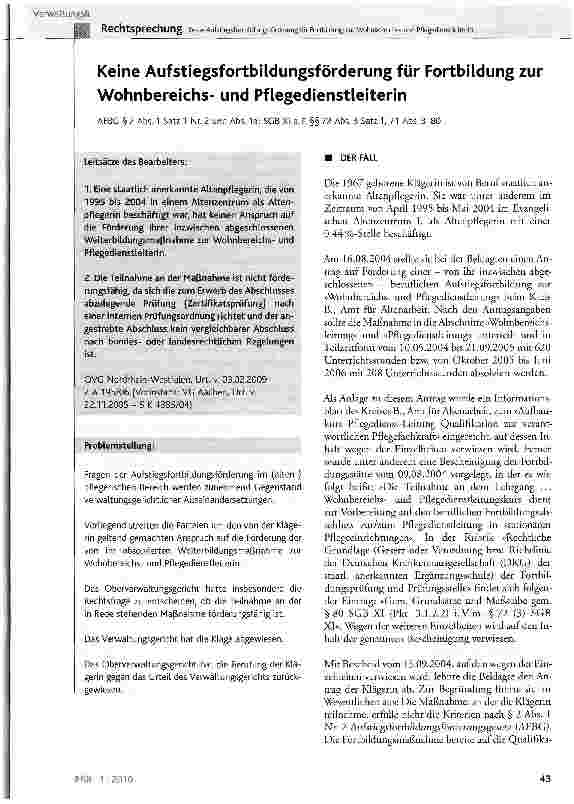 Vorschauseite 1: Keine Aufstiegsfortbildungsförderung für Fortbildung zur Wohnbereichsund Pflegedienstleiterin