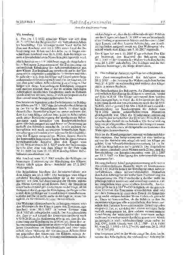 Vorschauseite 2: SGB IX §§ 84 Abs. 1, 85 Präventionsverfahren - Zustimmung des Integrationsamts zur ordentlichen Kündigung aus personellbedingten Gründen
