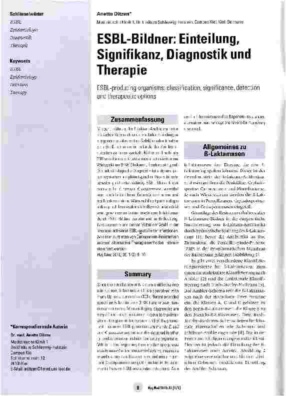 Vorschauseite 1: ESBL-Bildner: Einteilung, Signifikanz, Diagnostik und Therapie