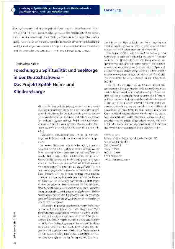 Vorschauseite 1: Forschung zu Spiritualität und Seelsorge in der Deutschschweiz -Das Projekt Spital-Heimund Klinikseelsorge